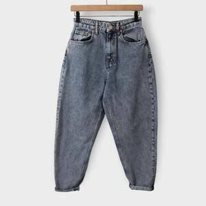 Zara Womens Balloon Leg High Rise Slouchy Jeans Acid Wash Sz 4 Paperbag Cuffed